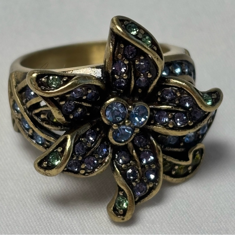 Heidi Daus Swarovski Crystal Ring “Perennial Favorite” Blue and Green Size 9